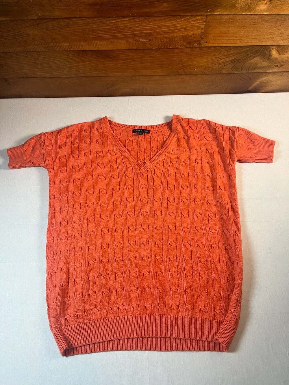 Ralph Lauren Cable Knit Sweater Small Tussah Silk Short Sleeve V-Neck Old Money